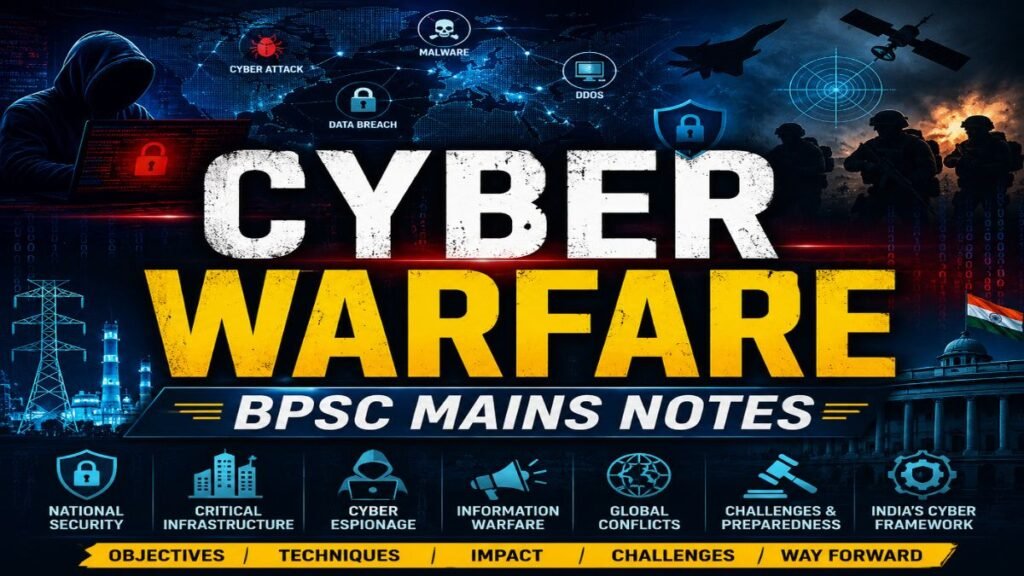 Cyber Warfare BPSC Mains Notes featuring cyber attacks