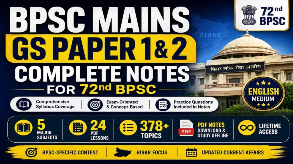 BPSC Mains Course GS Paper 1 & 2 Complete Notes for 72nd BPSC with 378+ topics and 24 PDF lessons